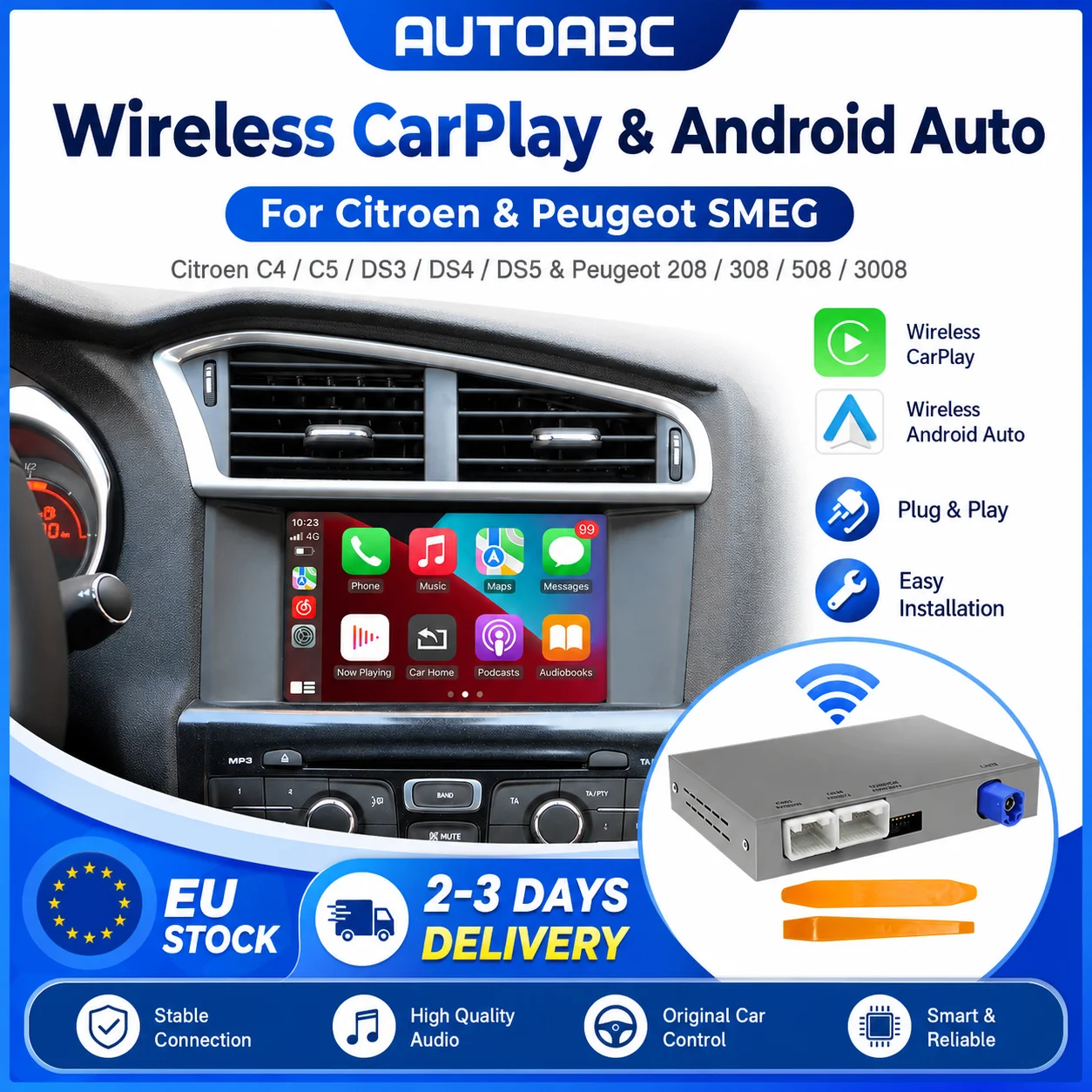 AUTOABC Wireless Carplay box For Peugeot Citroen SMEG SMEG+ Picasso C4 C5 DS4 DS3 308 508 208 3008 Support Android Auto Mirror Link AirPlay Reversing camera Function