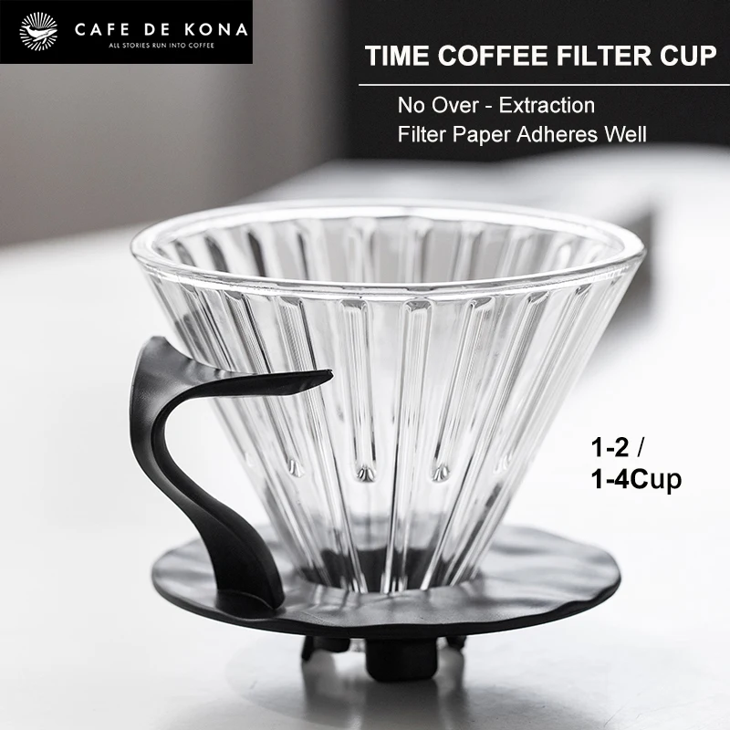 CAFEDEKONA Time Coffee Filter Cup, V - Shape Heat - Resistant Glass Coffee Dripper, Wide Grooves for Filter Fit, 1 - 4 Servings