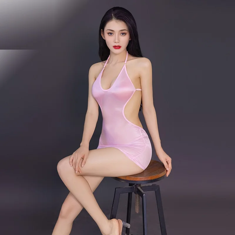 Sexy Attractive Tranparent Halter Mini Dress Transparent Skinny Deep V Babydolls High Elastic Backless Erotic Nightclub Wear