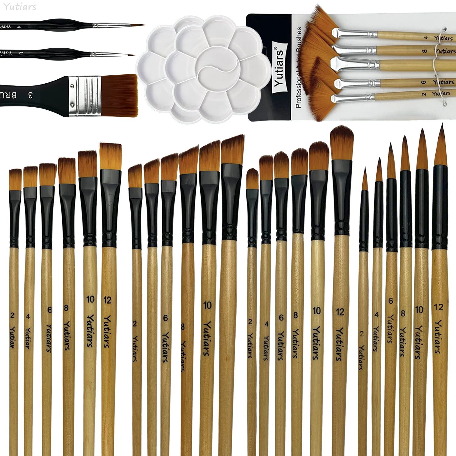 

32pcs Yutiars Premium Assorted Paint Brush Set with 2 Palettes Nylon Bristles Artist Brushes for Watercolor Acrylic Painting