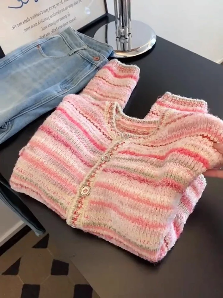 

Ранняя осень, новый вязаный свитер в радужную полоску, высококачественный открытый кардиган Ele Sle, женственная мягкая ветровая верхняя одежда