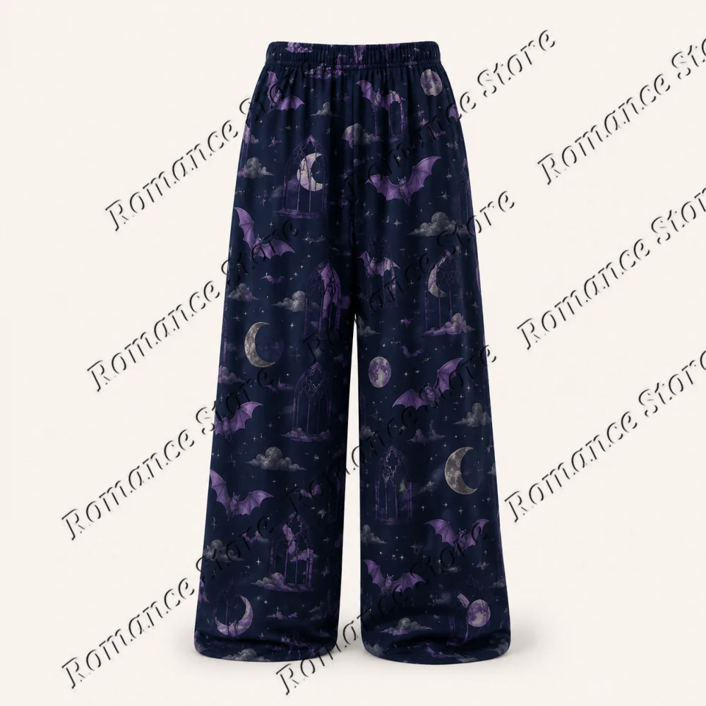 Black Halloween Retro Pumpkin Moon Star Women Wide Leg Pajama Pants Trousers Holiday Casual Milk Silk Wear Sleepwear Bottoms 5