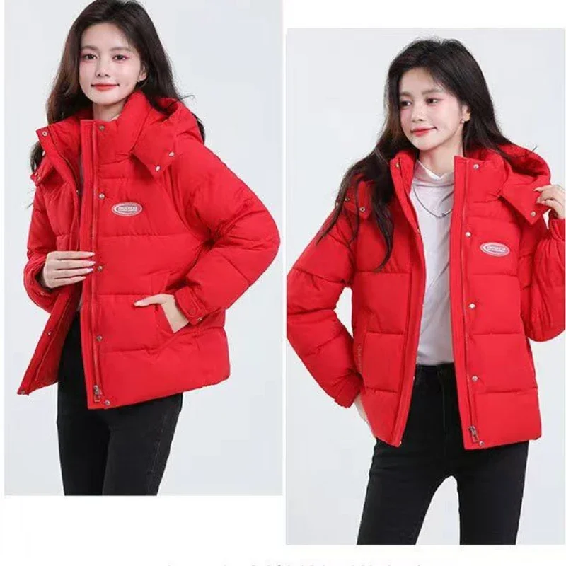 Women Korean Thick Warm Down Cotton Puffer Jacket Long Sleeve Hooded Parka Winter Coat Pockets Solid Plus Size Loose Overcoat