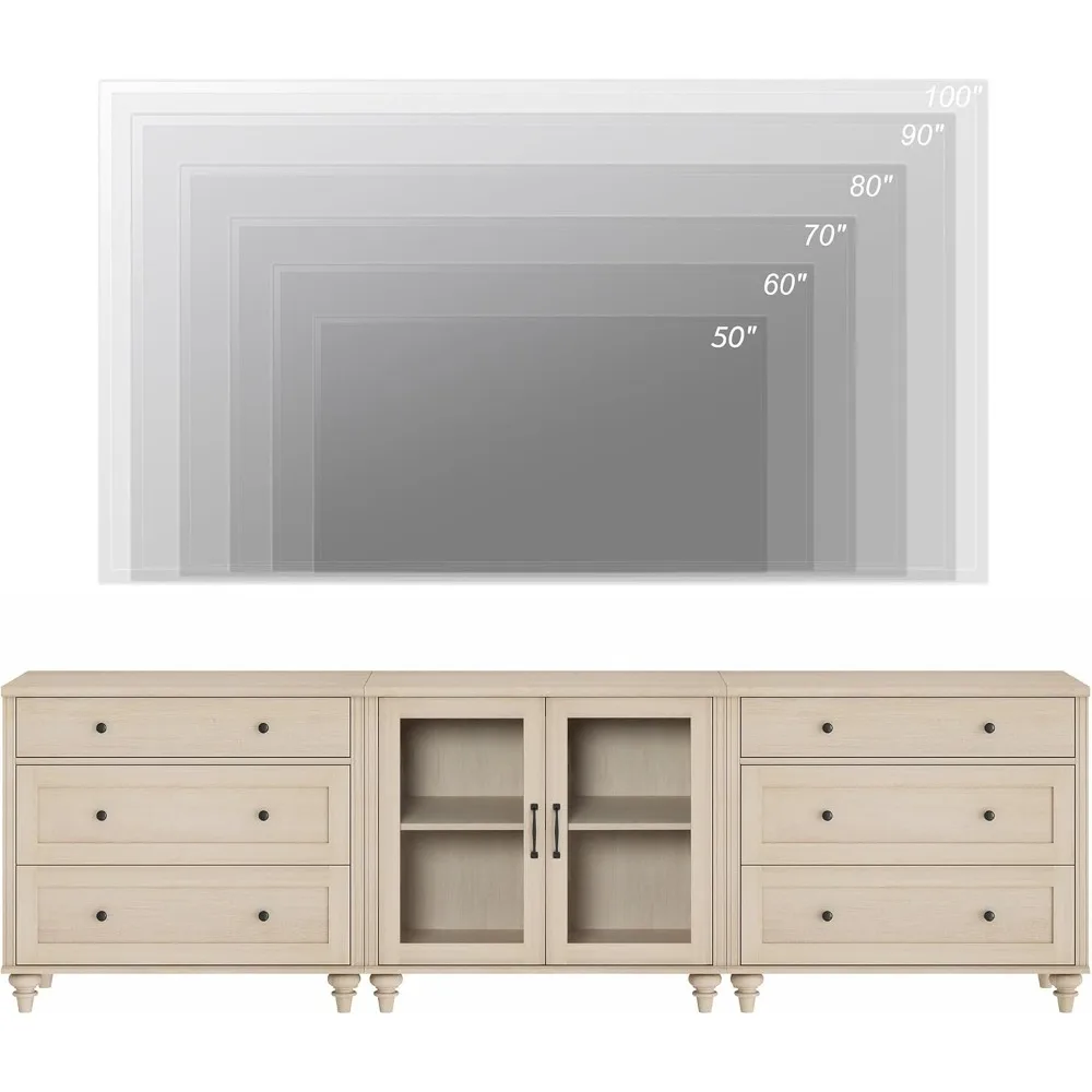 Suporte de TV para TV de 100 polegadas, mesa de console de TV de madeira para TV de 75/80/85/90 polegadas, centro de entretenimento com porta de vidro e gaveta