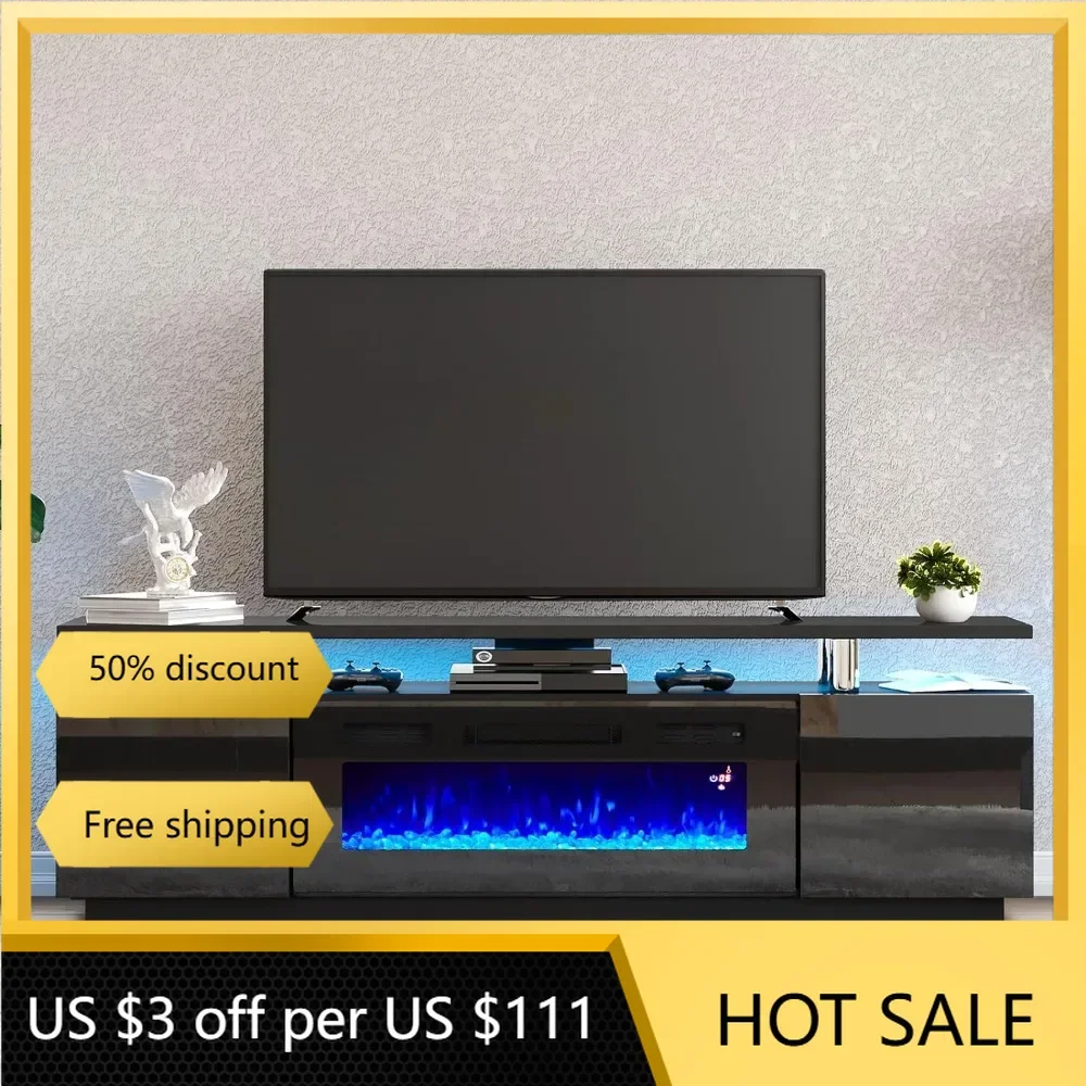 

70" Modern High Gloss Fireplace Entertainment Center LED Lights, 2 Tier TV Console Cabinet for TVs Up to 80", Obsidian Black