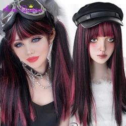 AS Long black mixed with red Synthetic Wig Cosplay Lolita Harajuku Wig With Bangs Natural Wavy Halloween red Daily Wigs