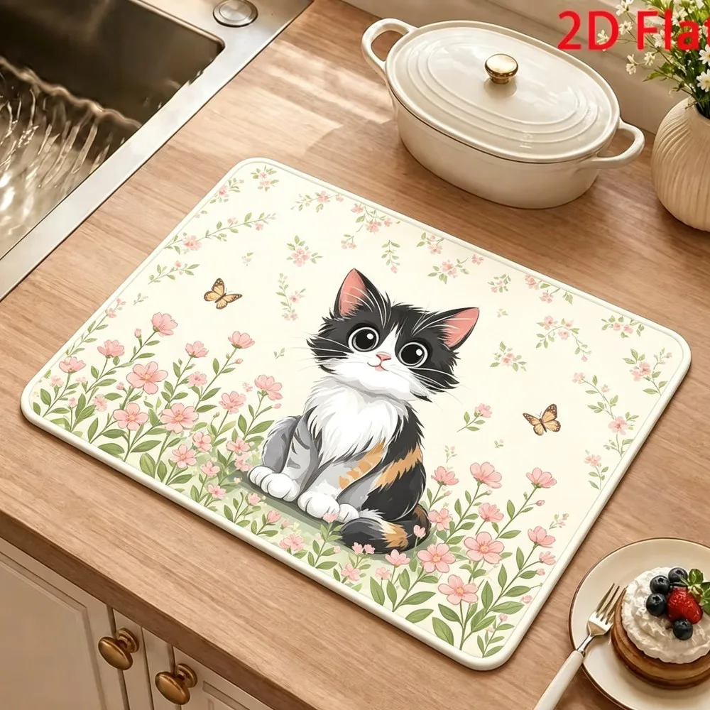 Cute Orange Cat With Cookie Dish Drying Mat Super Absorbent Kitchen Pad Waterproof Non Slip Countertop Station Holder