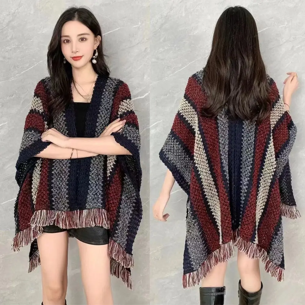 

Fashion Warm Autumn Winter Knitted Cape Ethnic Style Elegant Knitted Shawl Stripe Tassel Shawl for Women