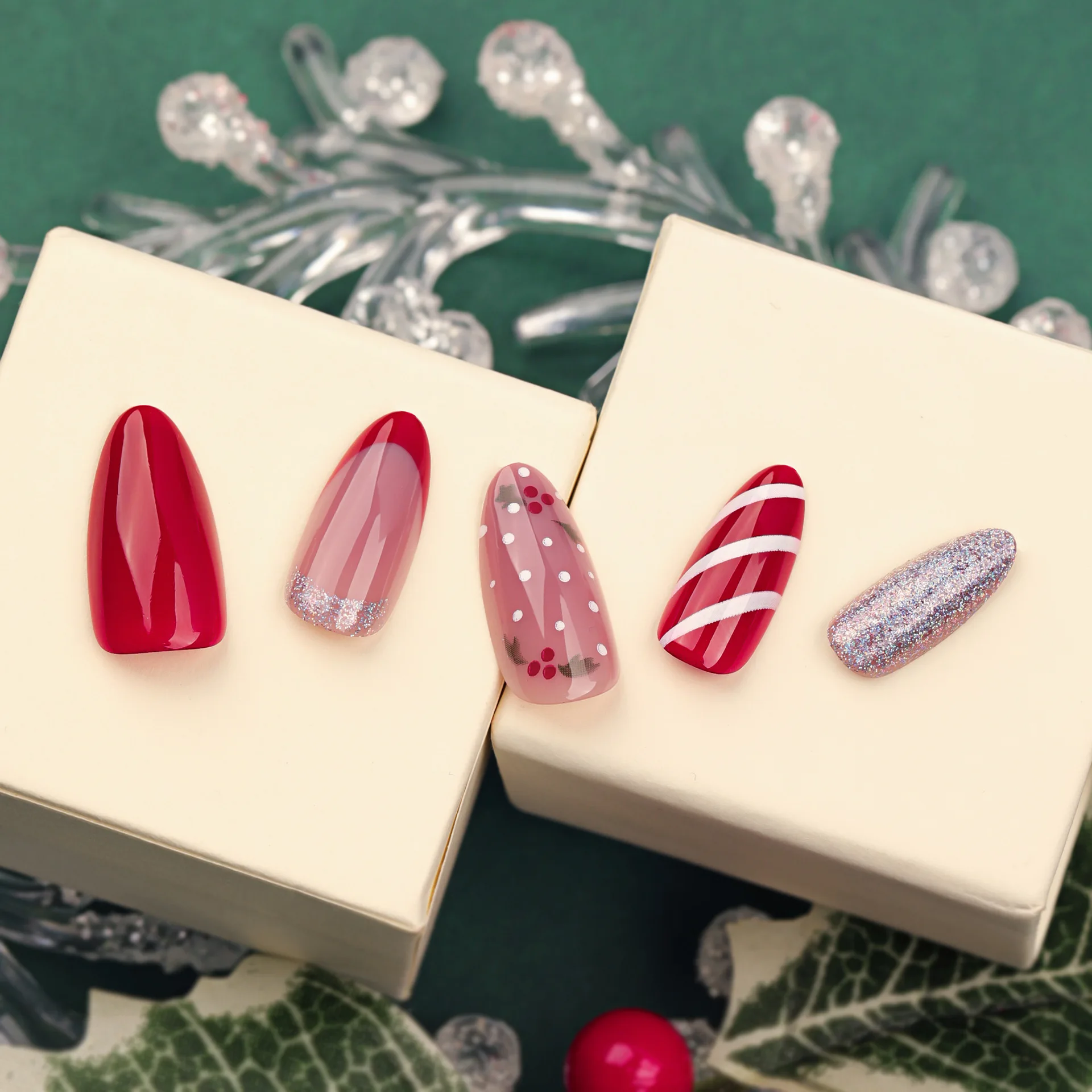 Faux Ongles Français à Rayures Rouges, Bonbons, Paillettes Argentées, Rose, à Pression, N64.Noël, Courts, Amandes, Portables, 24 Pièces