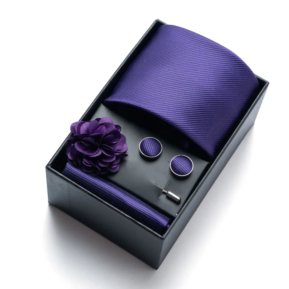 4-Piece Set - Solid Color Men's Tie, Pocket Square, Cufflinks, and Boutonnière, High-Quality Gift Box, Stylish and Practical, El