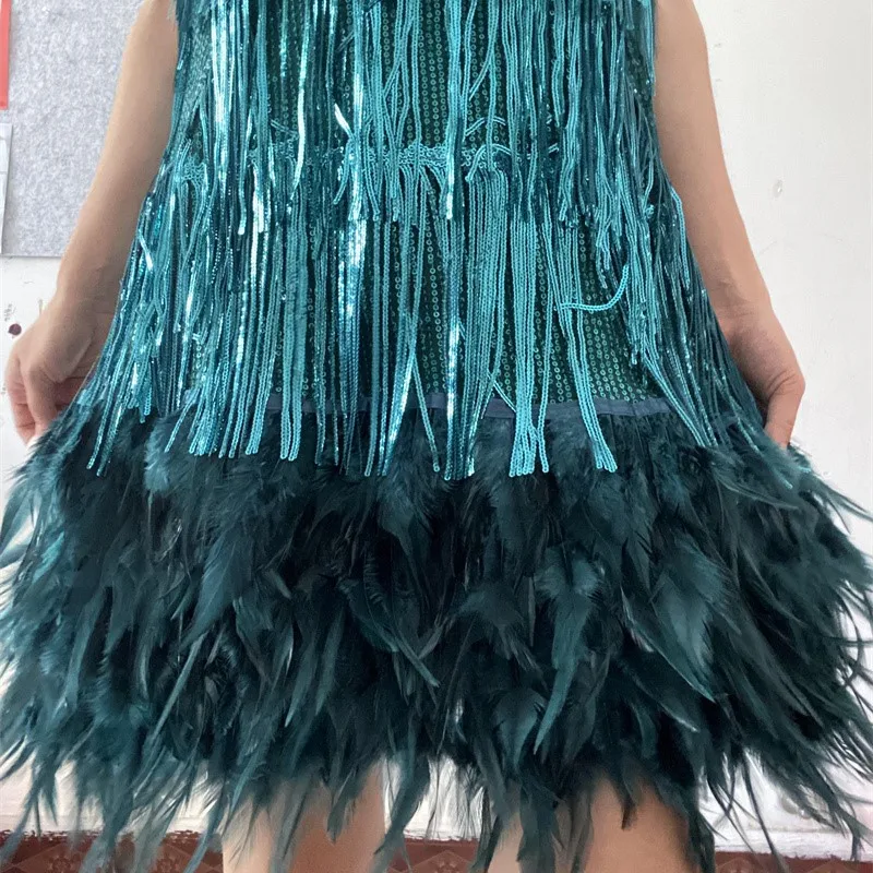 Green Tassel Dress Women Sexy V Back Layered Sequins Feather Fringe Dance Party Cocktail Short Mini Dress Latin Ballroom Dress