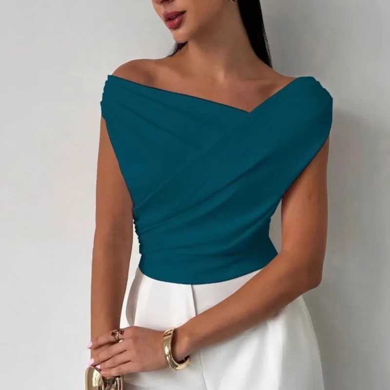 

Fashion Simple Office Tops Female Slash Neck Sleeveless T-shirts For Women Elegant Summer Women Shirt White Black