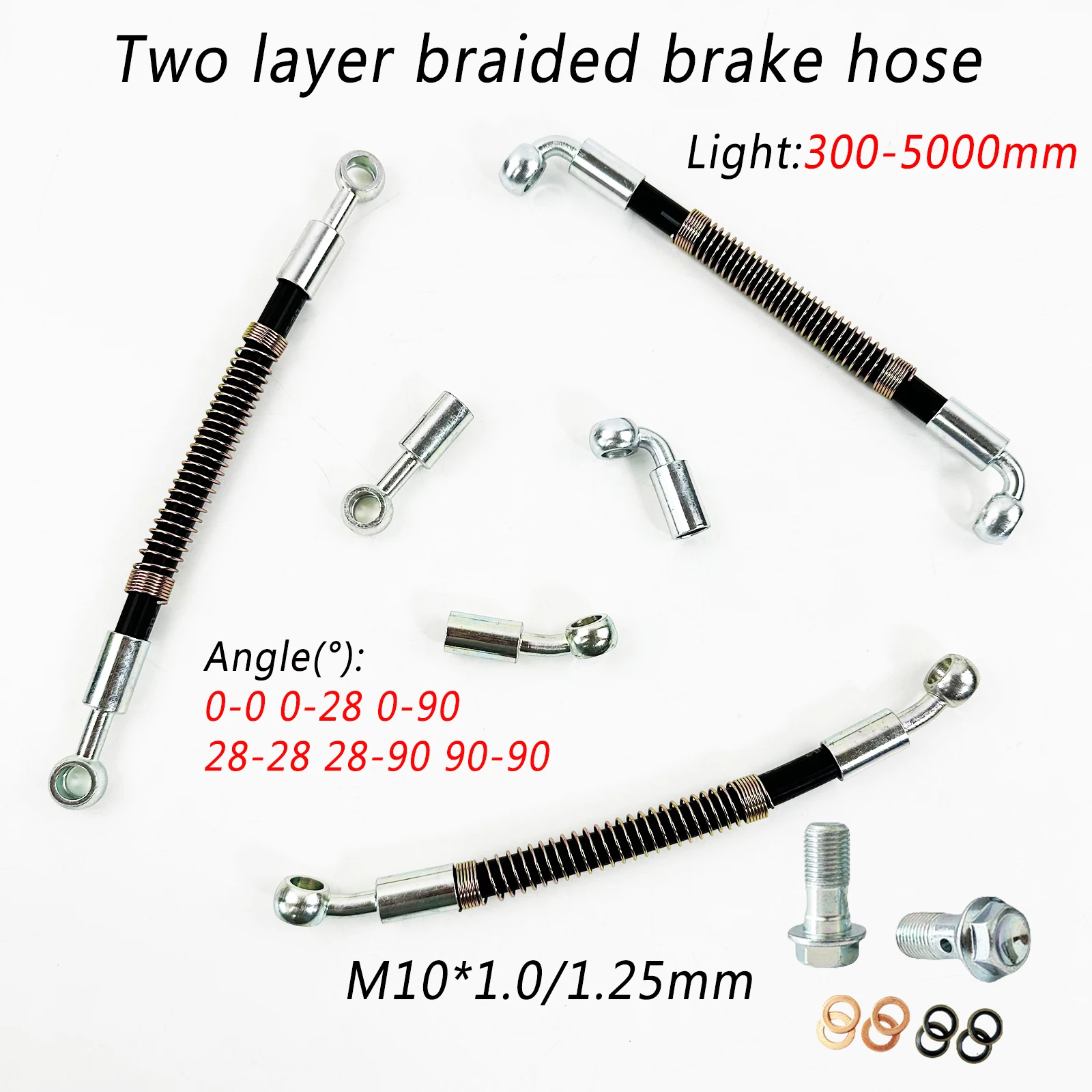 

Universal Motorcycle Hydraulic Brake Hose Kit M10*1.0/1.25 Double Braided Line 300-5000mm 0°/28°/90° Elbow for ATV UTV SUV Refit