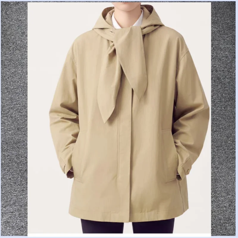 26 year Nordic style crisp scarf with lace up hood jacket for women's casual loose shoulder short windbreaker