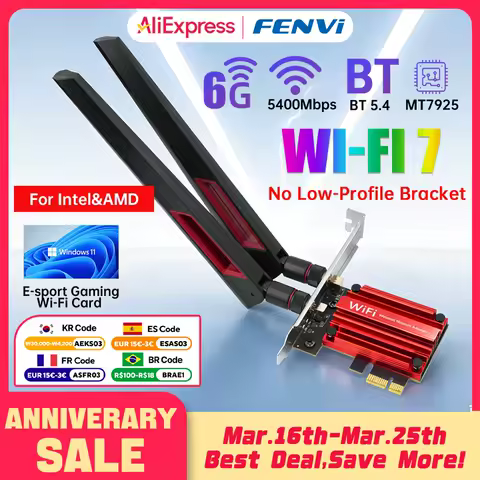 fenvi WiFi 7 PCIe Wireless Adapter Bluetooth 5.4 Tri Band 6G/5G/2.4Ghz 10DBi Antennas MT7925 WiFi7 Network Card For PC Win 10/11