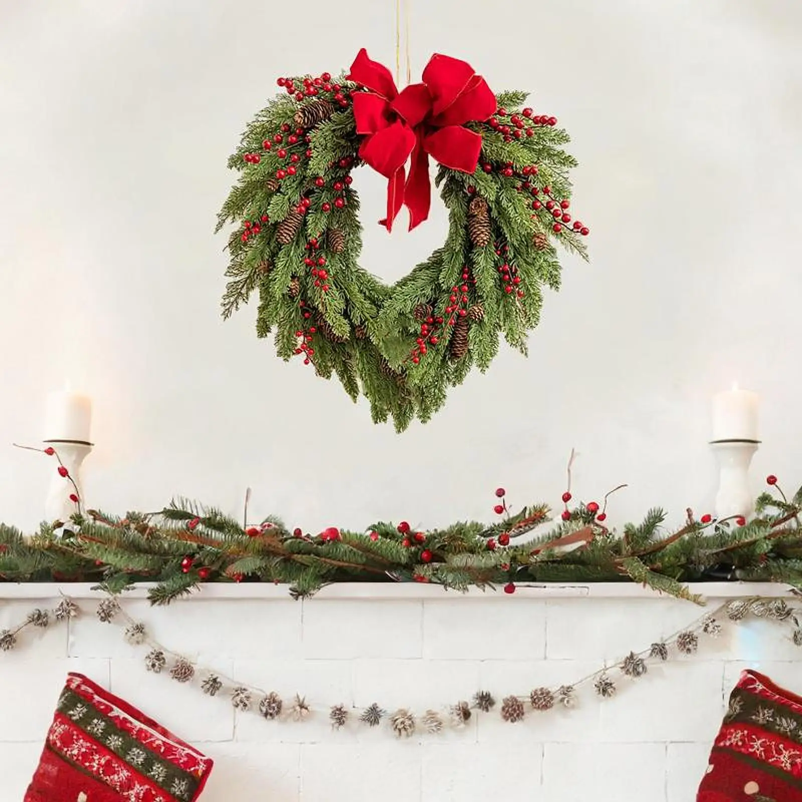 Christmas Wreath for Front Door with Bow 50cm Decorative Party Gift Indoor Garland for Porches Bedrooms Window Living Rooms