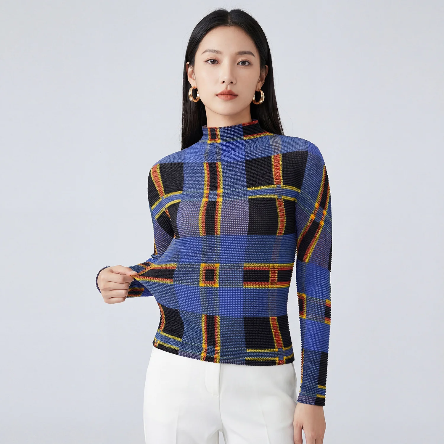 미야케 플리츠 2026 봄 가을 신상 긴팔 티셔츠 여성 이너웨어 프린트 패션 캐주얼 플리츠 탑