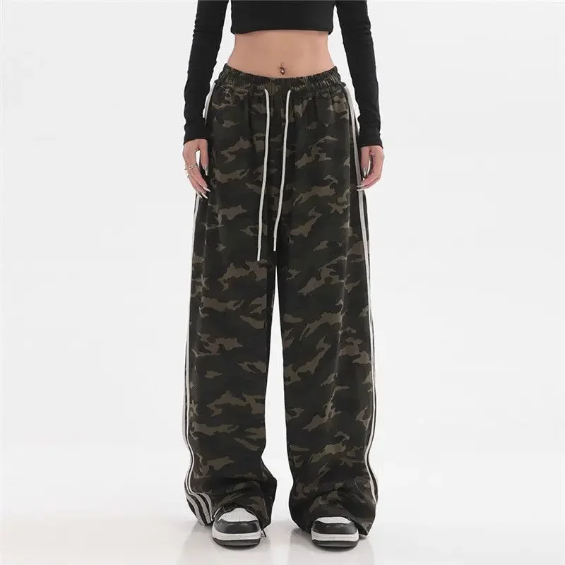 Hip Hop Vintage Camouflage Striped Jogging Sweatpants Women Streetwear Oversize Elastic Waist Wide Leg Casual Sports Trousers