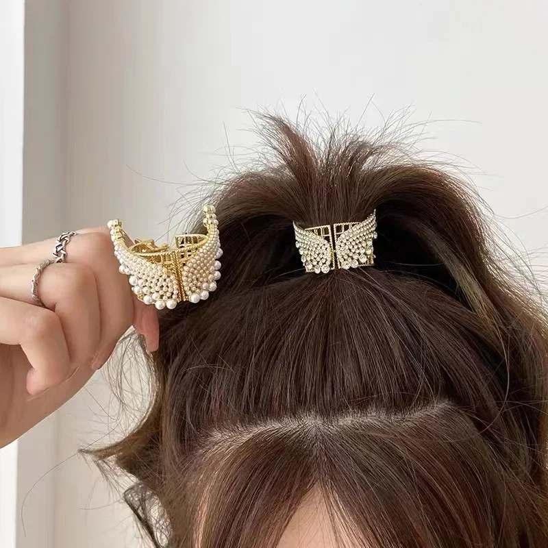 2023 New Angel Wings High Ponytail Grip Clip Korea Rhinestone Pearl Metal Hair Clip Hair Fixing Tools Girls Hair Ornaments