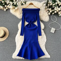 YuooMuoo Women Dress 2024 New Autumn Winter Wrap Hips Knit Mermaid Dress Elegant Off Shoulders Long Sleeve Bodycon Party Dress
