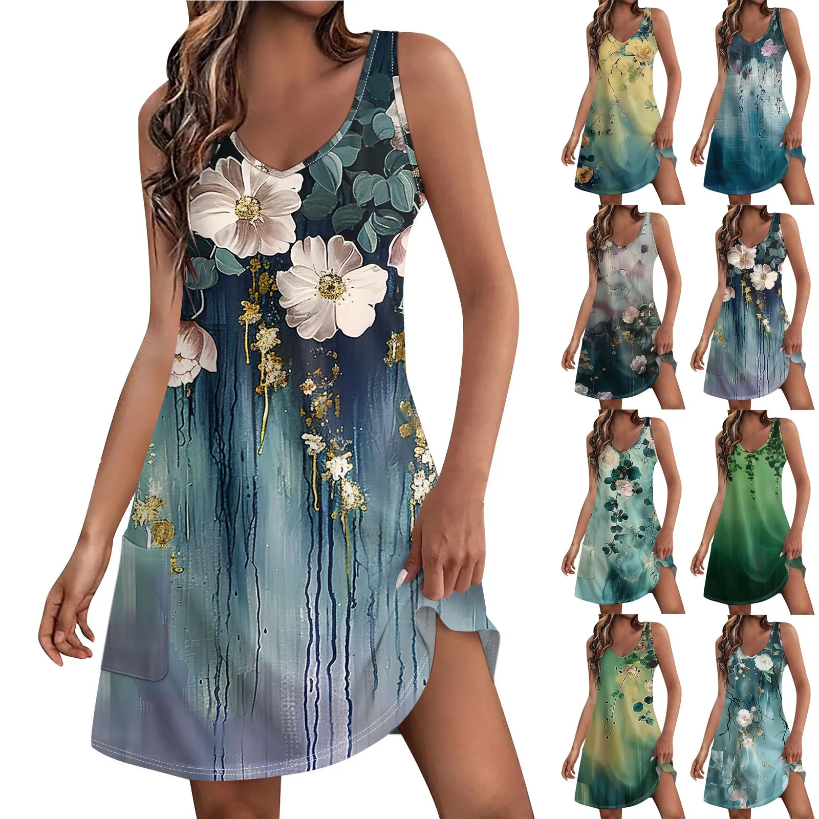 Women's Casual Print Summer Bohemian Beach Dress With Pockets V Neck Tank Dress Summer Dresses for Women 2024 Women's Dress