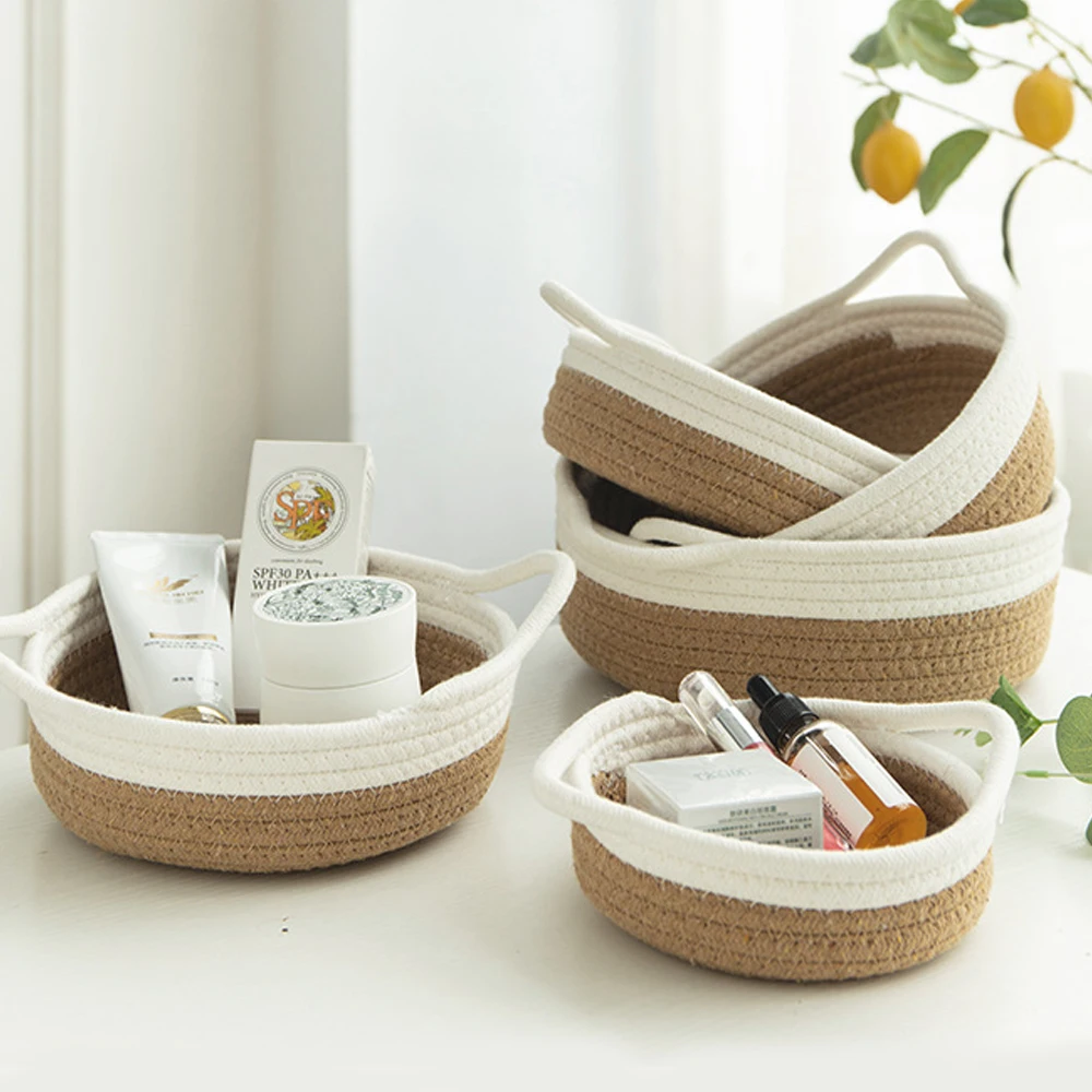 الشمال سطح المكتب سلات التخزين مجوهرات أشتات مفتاح مستحضرات التجميل تنظيم صناديق القط اللعب المنسوجة القطن حبل صندوق تخزين مع مقابض