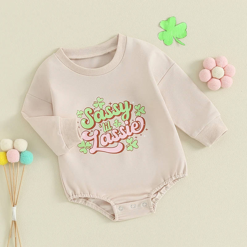 Baby Girls St Patrick Outfits Long Sleeve Clover Sassy Lil Lassie Letters Print Romper Infant Spring Clothes