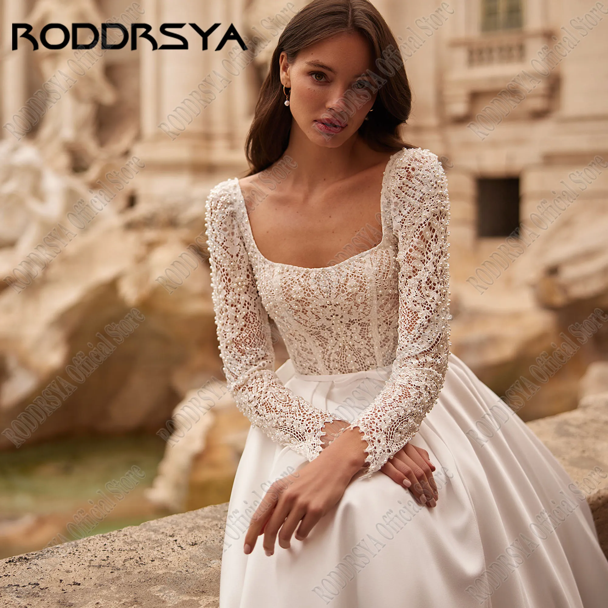 RODDRSYA-vestido De novia largo y elegante para mujer, traje De satén con cuello cuadrado, línea A, cola De barrido, personalizado, 2025Roddsya vestidos de novia elegantes y largos personalizados 2025 cuello cuadrado d