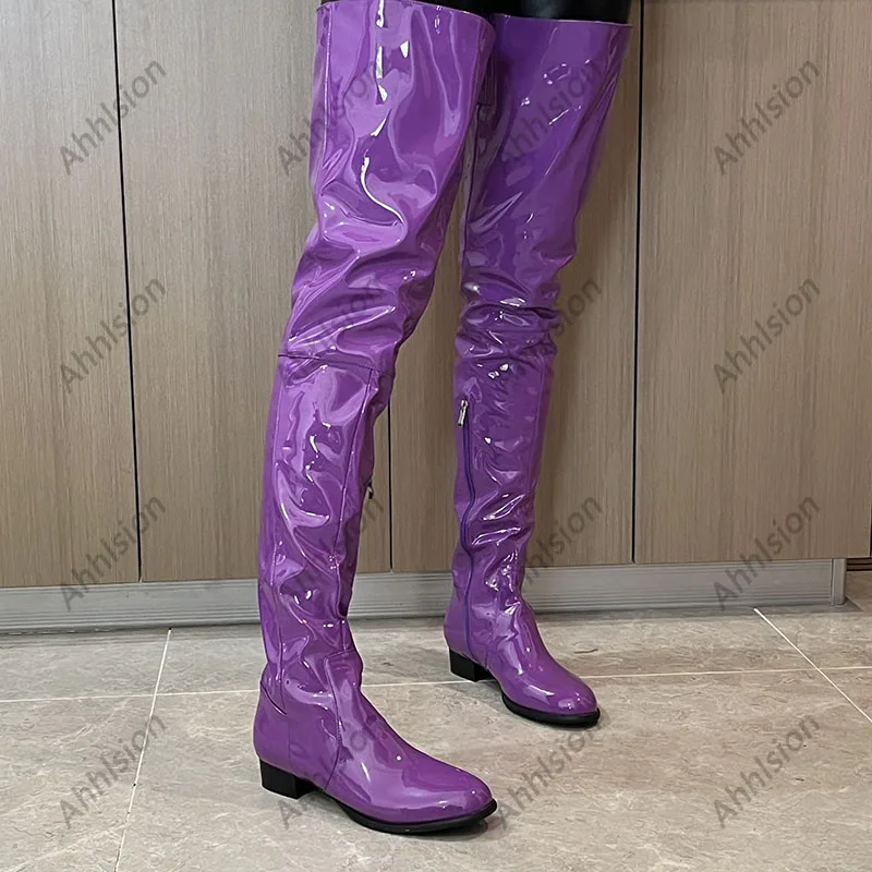 Ahhlsion New Women Winter Thigh Boots Patent Leather Zipper Flat With Heels Round Toe Blue Casual Shoes Ladies US Size 5-20