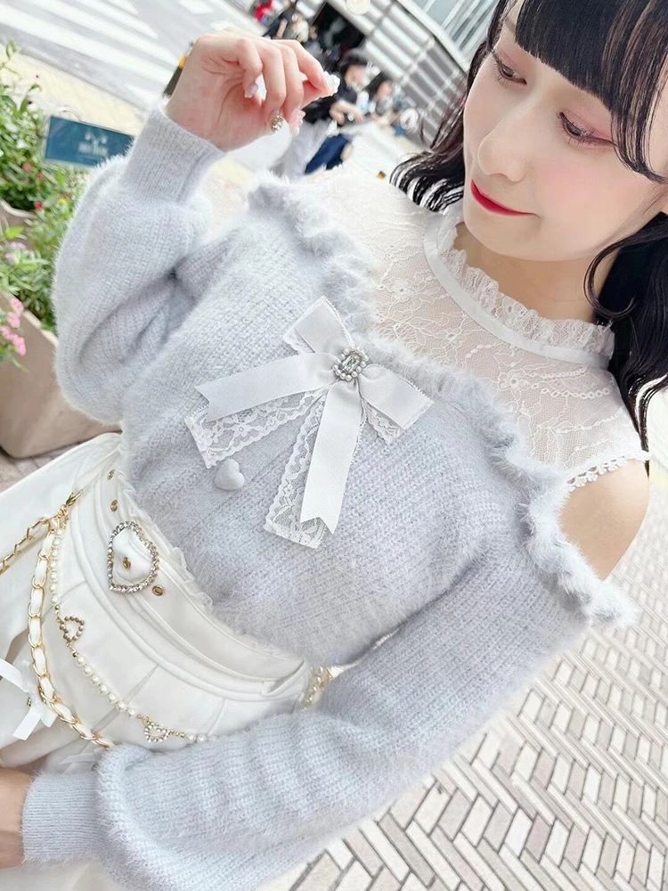 Y2k Aesthetic Lace Patchwork Off Shoulder Sweater Women Vintage Harajuku Jumper Fairy Grunge Knitted Pullover Elegant Pull Femme