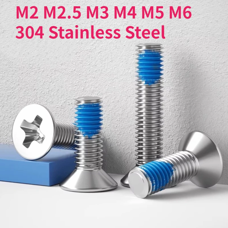 M2 M2.5 M3 M4 M5 M6 A2 304 Stainless Steel Cross Phillips Flat Countersunk Head Blue Glue Dispensing Bolt Anti Loosening Screw