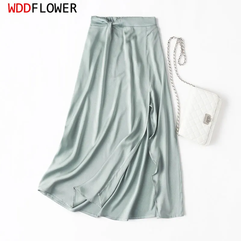 

Women Silk Skirt 93% Mulberry Silk 7% Spandex Jacquard Silk Solid Light Turquoise Slit Side Chic Midi Skirts Summer Beach MM646