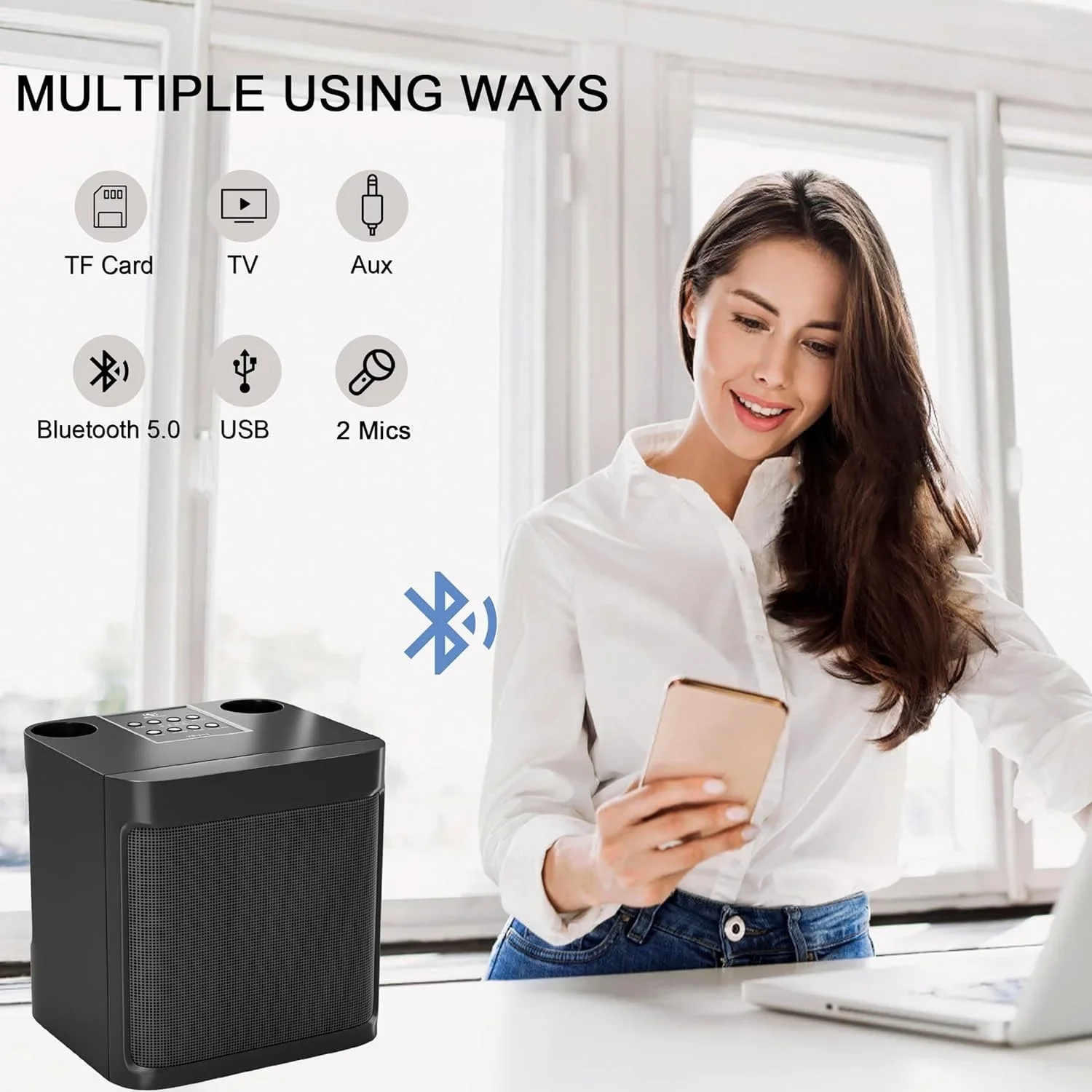 آلة الكاريوكي، مكبر صوت بلوتوث محمول، مكبر صوت PA مع 2 ميكروفونات كاريوكي لاسلكية، يدعم TF/USB/AUX للحفلات المنزلية #4