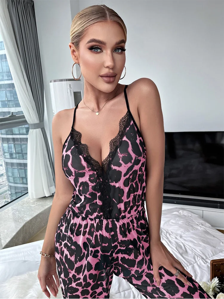 Summer Homewear Elegant Bodysuits Leopard Print Playsuit Crisscross Back Romper Wear  Lace Trim  Jumpsuit