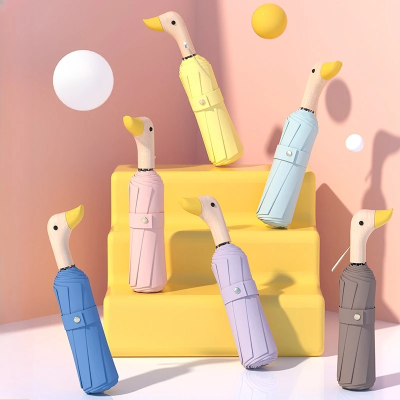 

Duck Umbrella Portable Folding Cartoon Cute Black Glue Sunscreen Umbrella with Wooden Handle Little Yellow Duck Umbrella