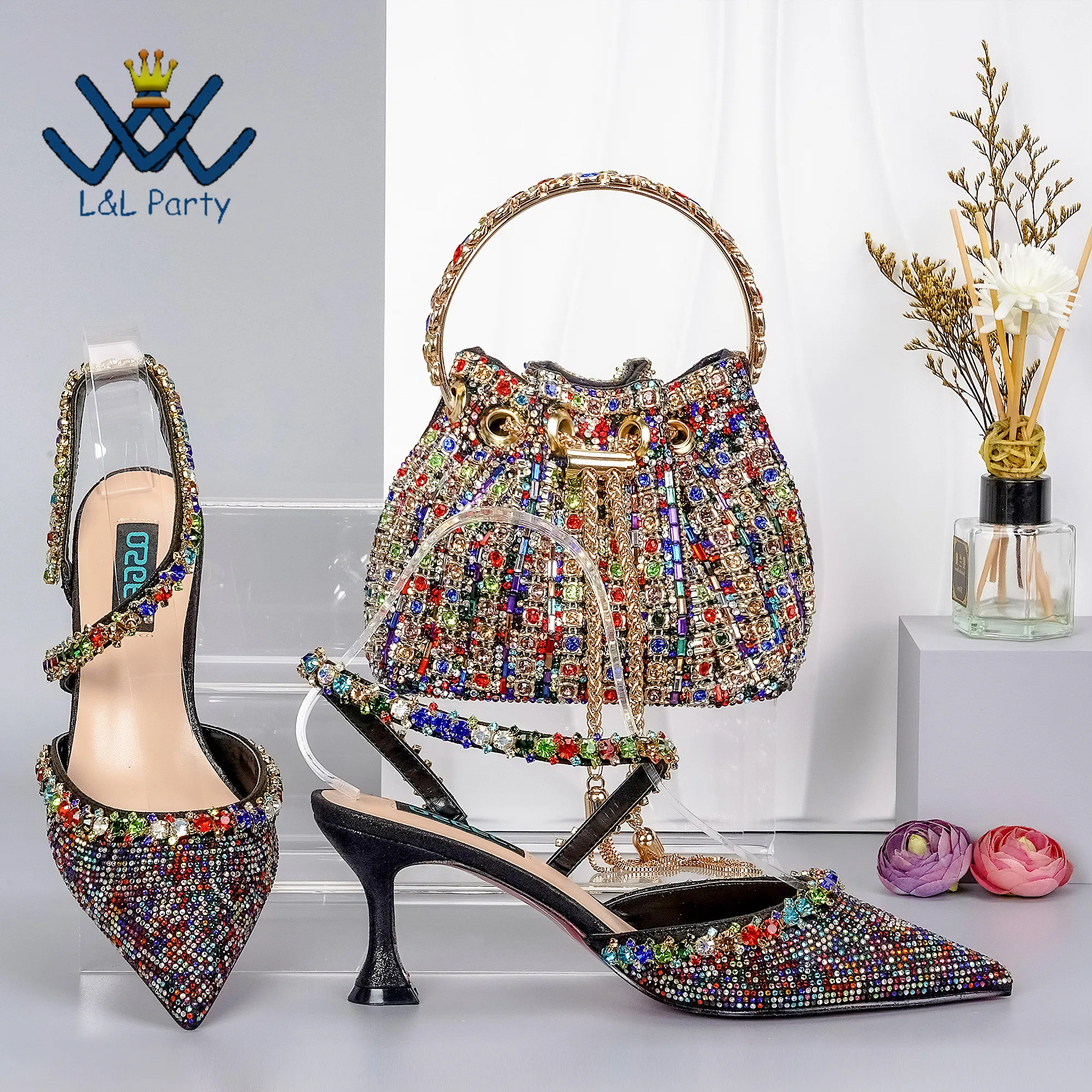 

Summer Special Design Slingback Pumps Match Hand Bag in Rainbow Color Think Heels African High Quality Pumps for Wedding