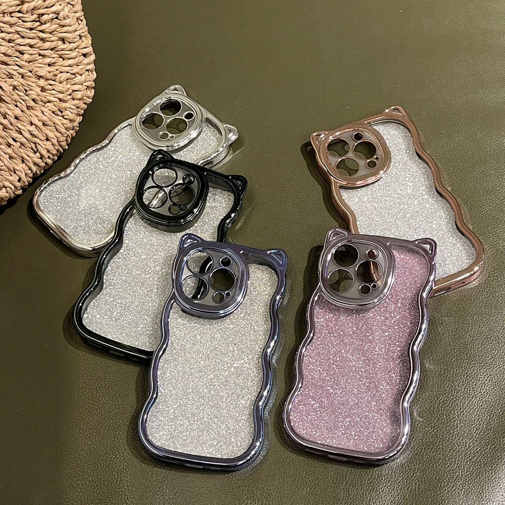 Stylish Cat Ear Plating Wavy Edge Glitter Shockproof Protective Cover Case for iPhone 16 15 14 13 12 11 Pro Max Plus