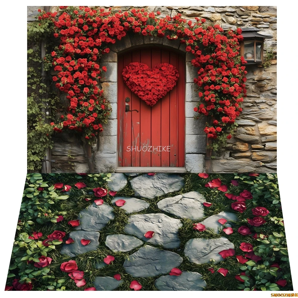 Фон на День святого Валентина Романтический цветок розы Любовь Сердце Камень Стена Деревянная дверь Свадебная пара Портретная фотография Фон
