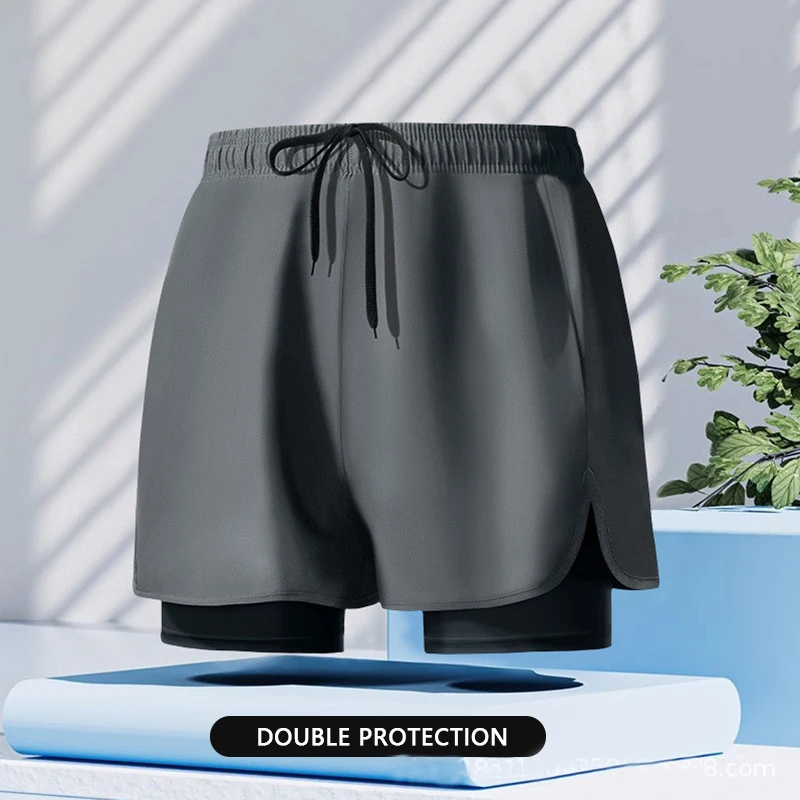 Hot selling men's sports double-layer swimming trunks loose oversized flat angle anti awkward running and fitness swimming trunk image 6