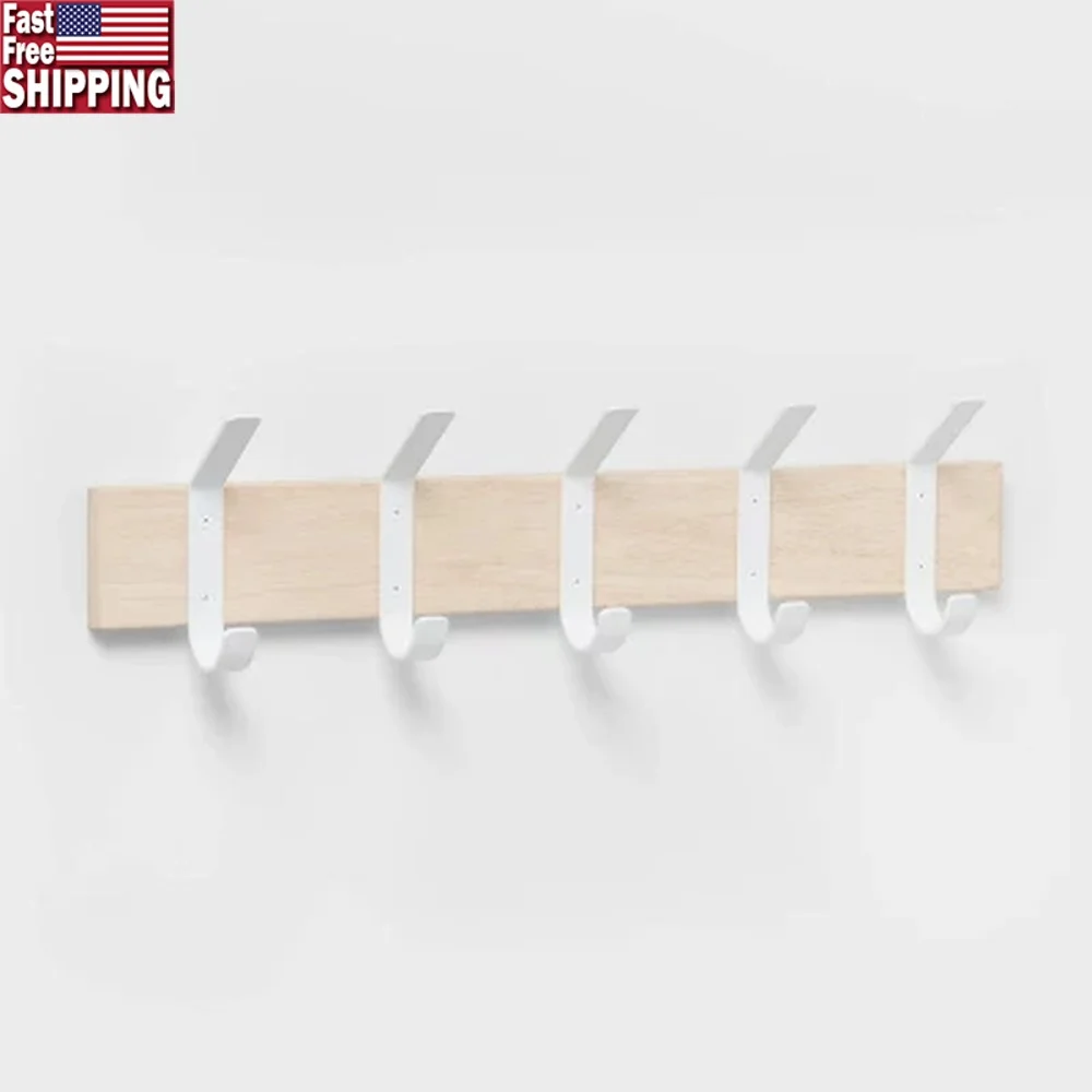 

Настенная декоративная стойка для крючков с 5 матовыми белыми крючками из смешанного материала, каучукового дерева, железа, экономия места, решение для хранения