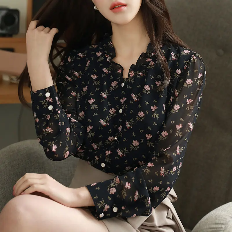 Spring Woman Clothing Long Sleeve Shirt Flowers Floral Chiffon Tops Fashion Chic Niche Elegant Trend Sweet V-neck Casual Korean