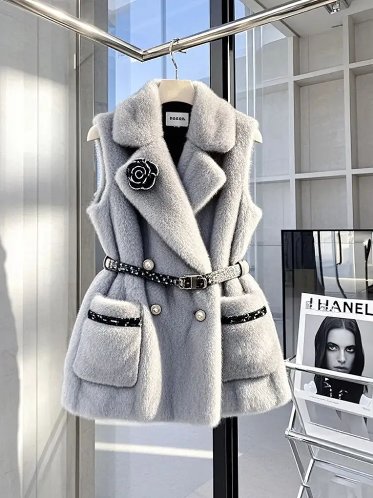 Abrigo de piel Chaleco de mujer 2025 Nueva ropa gris en capas de otoño invierno