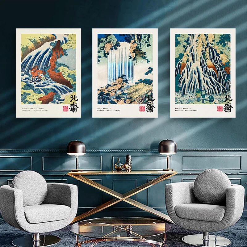 Vintage The Great Wave Katsushika Hokusai Poster Waterfall Canvas Painting Print Japan Exhibition Wall Art Picture Home Decor