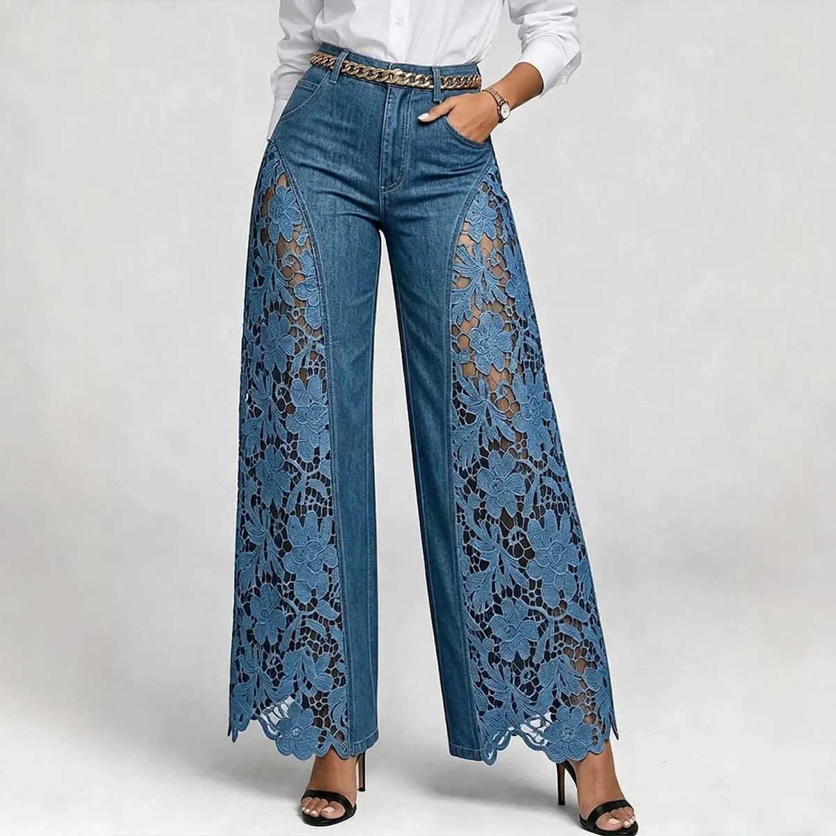 New High-waisted Wide-leg Pants Spring Summer Fashion Temperament Versatile Empty Lace Stitching Denim Drape Pants For Women