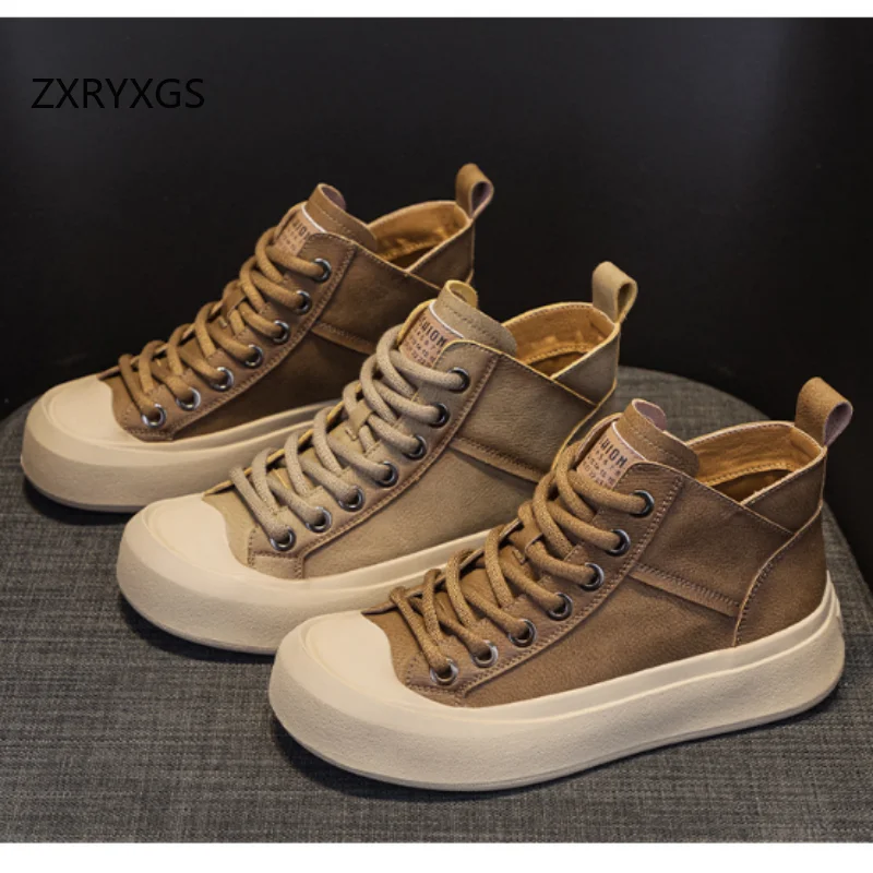 ZXRYXGS 2025 Cross Strap Genuine Leather Single Boots High Top Sneakers Soft Cowhide with Welvet Winter Boots Women Trend Shoes