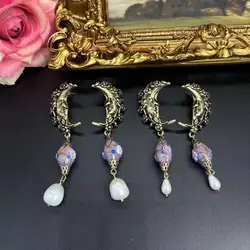 Vintage Flower Moon Glass Pendant Earrings Palace Light Luxury Heavy Work Old Retro Pearl