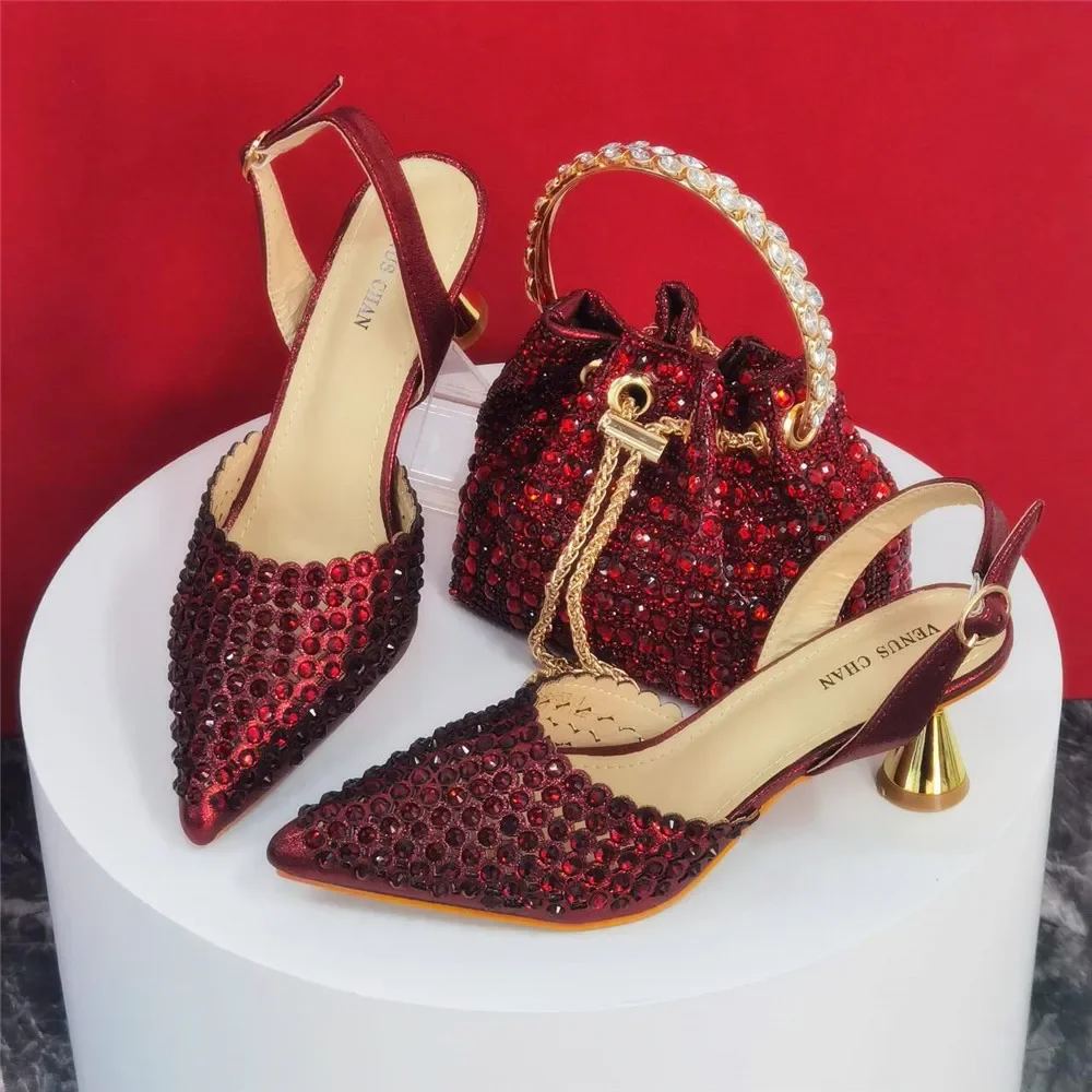 Shiny Gold Rhinestone Shoe & Bucket Bag Set | Pointed Crystal Heels, Womens Lux Wedding Eve Bridal Formal Prom Match Purse Kits