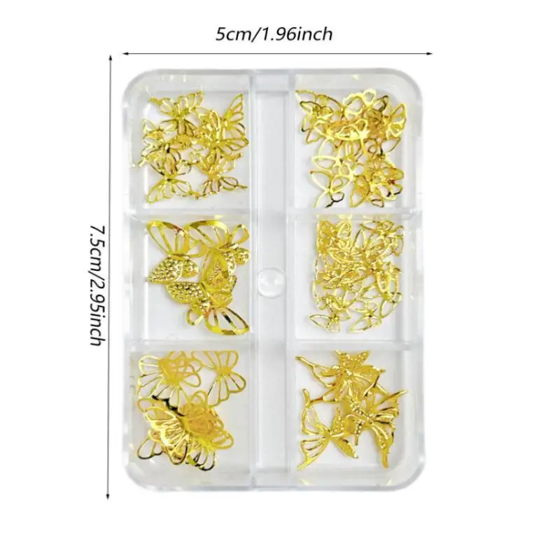 6 rejillas 3D Metal estrellas Bowknot mariposa Nail Art Charms oro/plata Starlight remaches decoraciones para uñas accesorios de lentejuelas para manicura