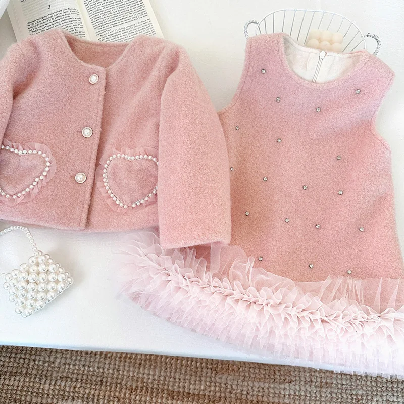 

Girls Clothing Sets Winter Kids Girl Sweet Faux Fur Coat and Dress 2pcs Clothes Suit Children Girl Princess Warm Clothes 3 5 8