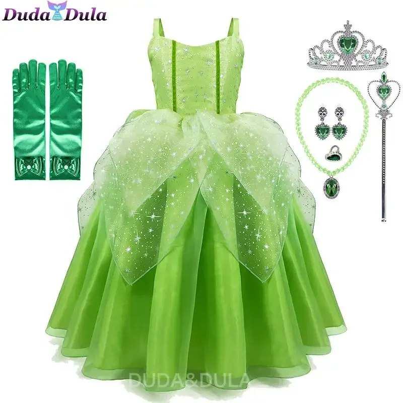 Girls Princess Tiana Dress up Costume Kids Cosplay Princess and The Frog Clothing Child Birthday Party Halloween Fancy Ball Gown